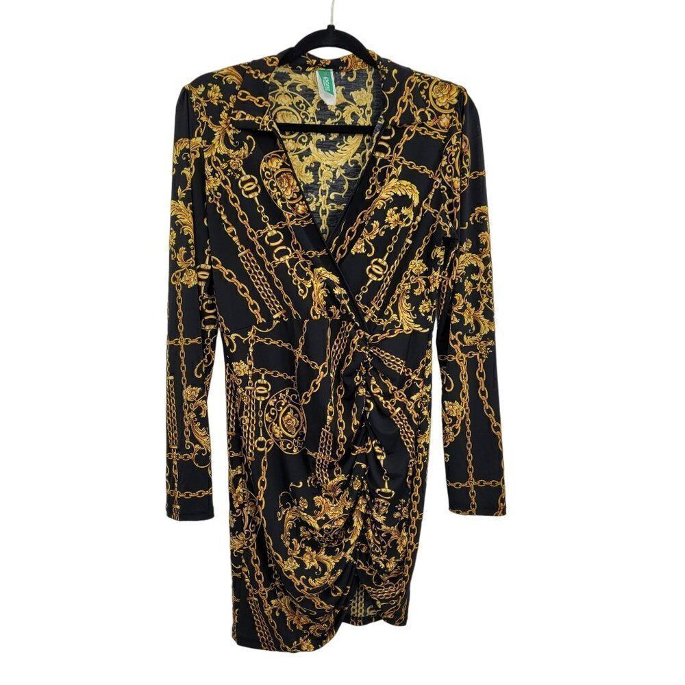 Vtg 80s Mob Boss Mini Bodycon Dress Sz XL‎ Black Gold Equestrian Chain Print USA